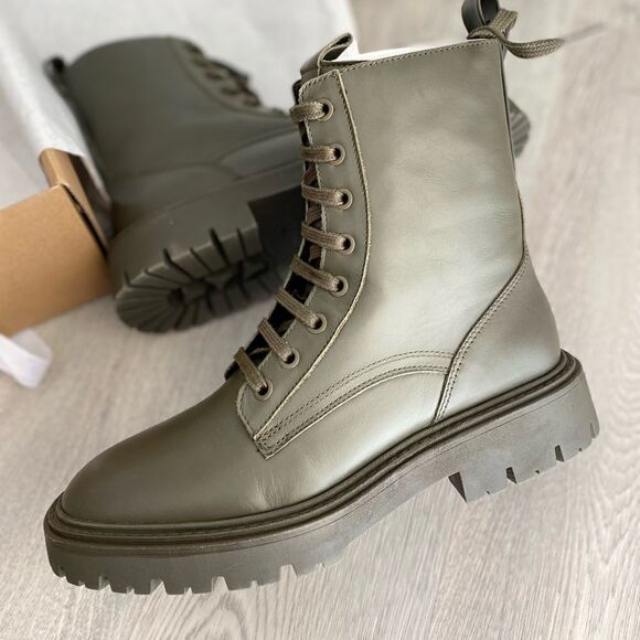 ZARA LEATHER LACE-UP FLAT ANKLE BOOTS - Picture 1 of 9